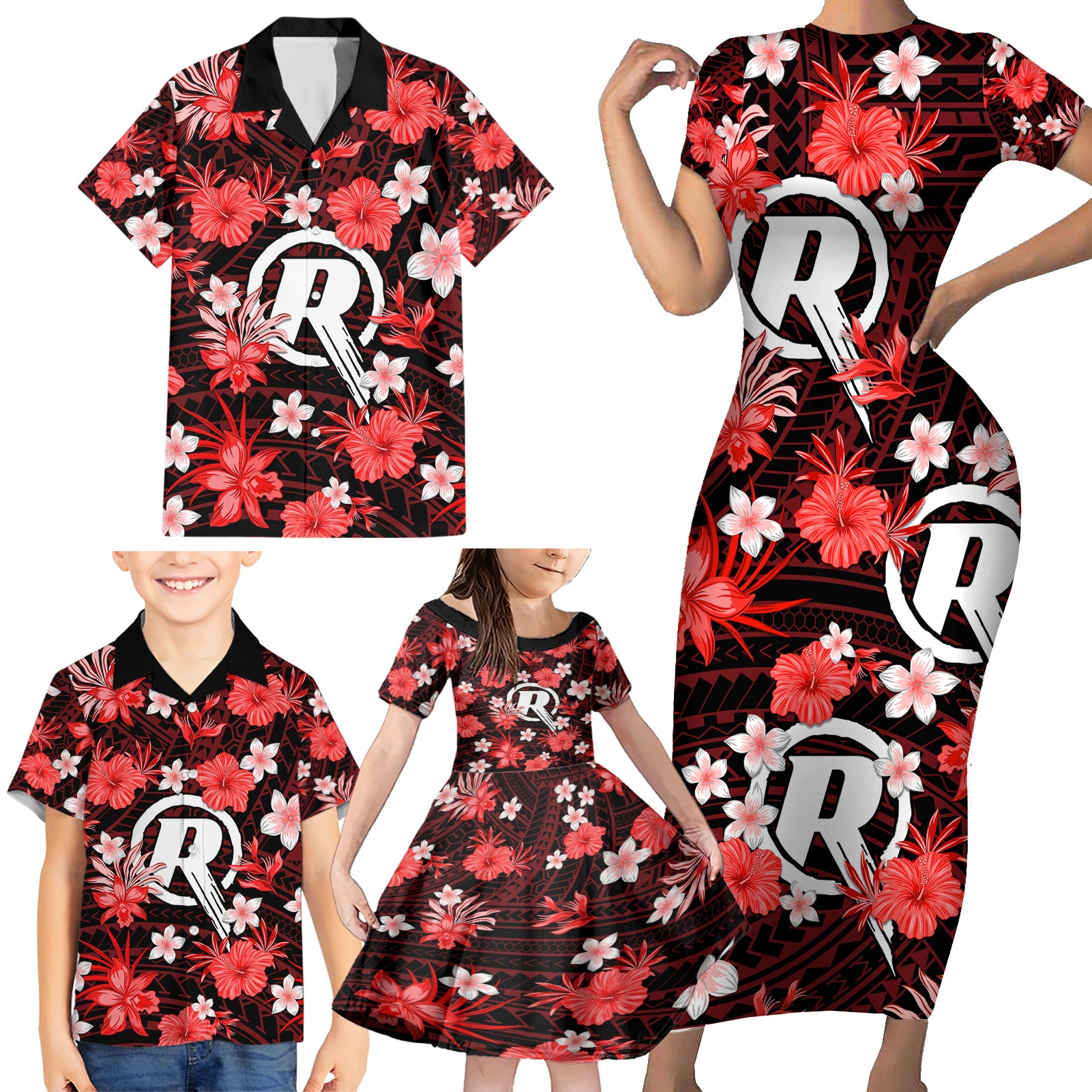 australian-renegades-cricket-family-matching-short-sleeve-bodycon-dress-and-hawaiian-shirt-baeuty-pacific-hibiscus-and-polynesian-pattern