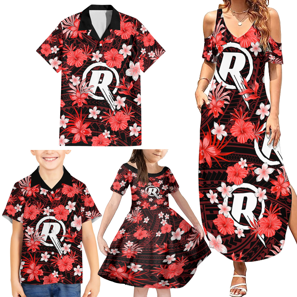 australian-renegades-cricket-family-matching-summer-maxi-dress-and-hawaiian-shirt-baeuty-pacific-hibiscus-and-polynesian-pattern