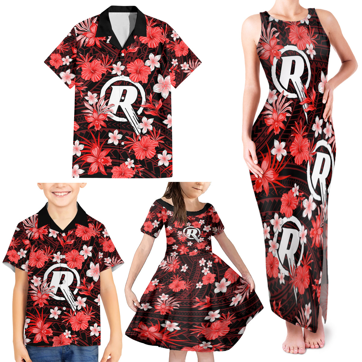 australian-renegades-cricket-family-matching-tank-maxi-dress-and-hawaiian-shirt-baeuty-pacific-hibiscus-and-polynesian-pattern