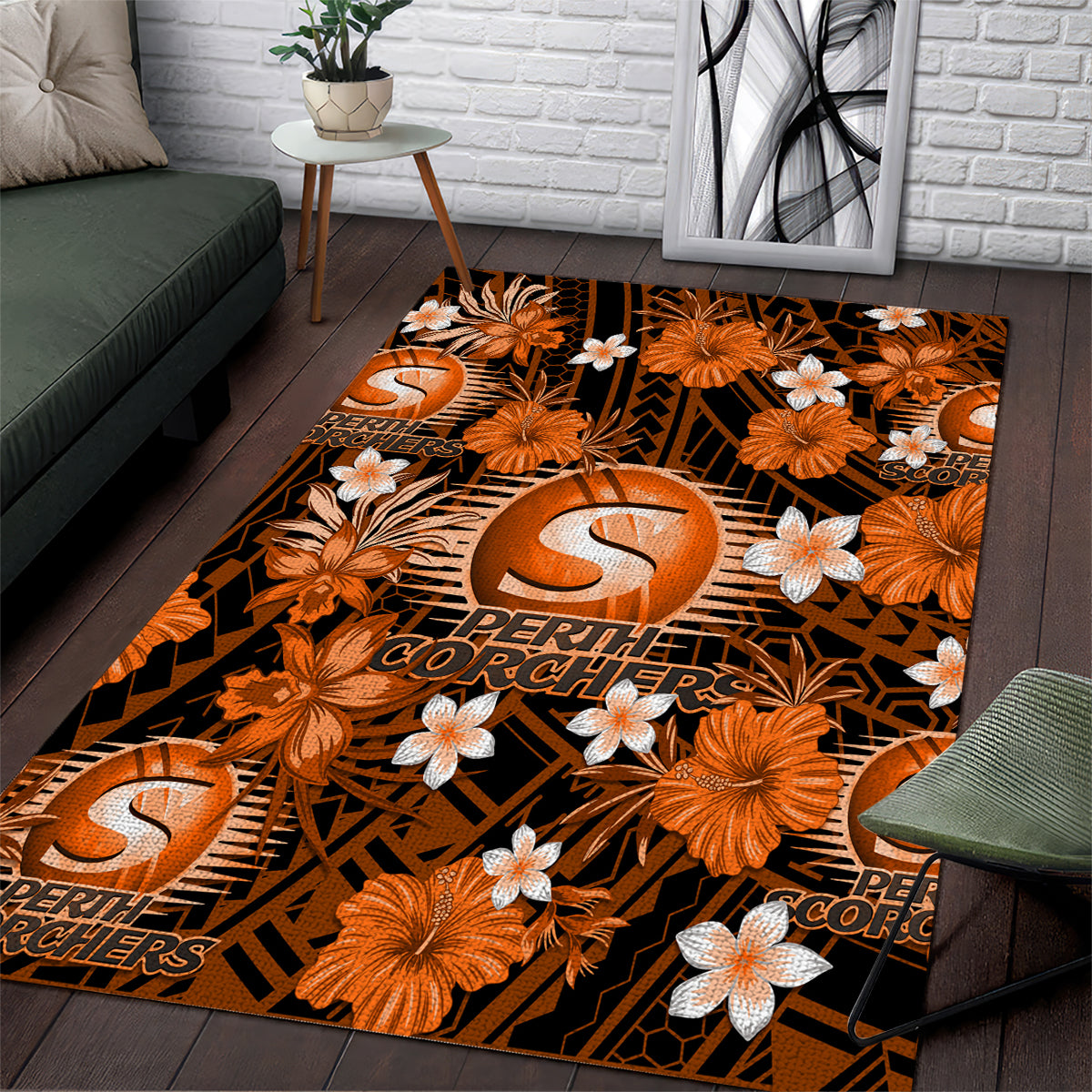 Australian Scorchers Cricket Area Rug Baeuty Pacific Hibiscus and Polynesian Pattern - Vibe Hoodie Shop