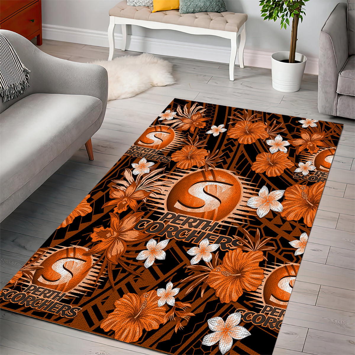 Australian Scorchers Cricket Area Rug Baeuty Pacific Hibiscus and Polynesian Pattern - Vibe Hoodie Shop