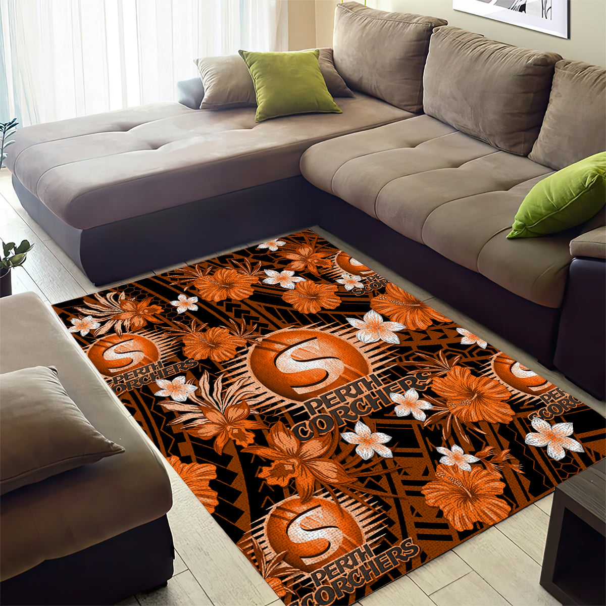 Australian Scorchers Cricket Area Rug Baeuty Pacific Hibiscus and Polynesian Pattern - Vibe Hoodie Shop