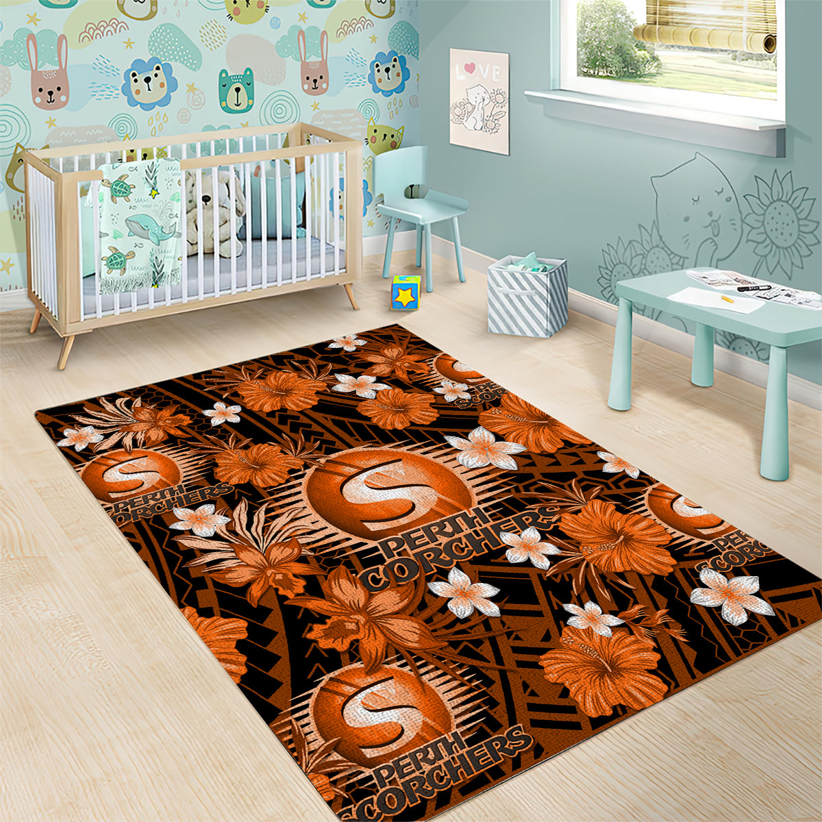 Australian Scorchers Cricket Area Rug Baeuty Pacific Hibiscus and Polynesian Pattern - Vibe Hoodie Shop