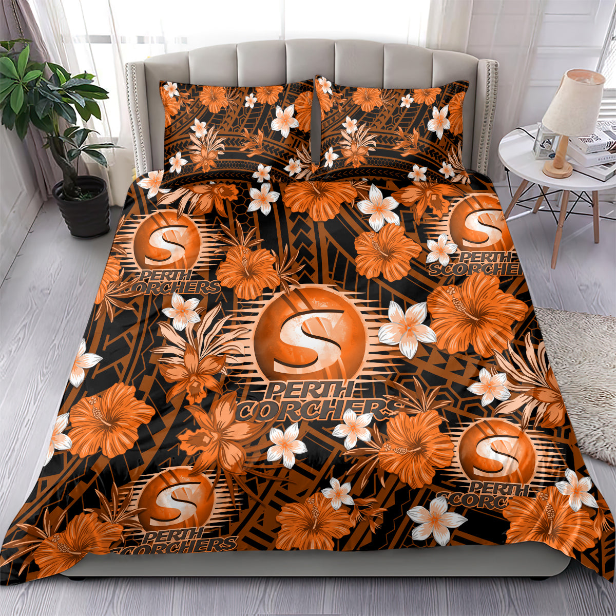 Australian Scorchers Cricket Bedding Set Baeuty Pacific Hibiscus and Polynesian Pattern - Vibe Hoodie Shop