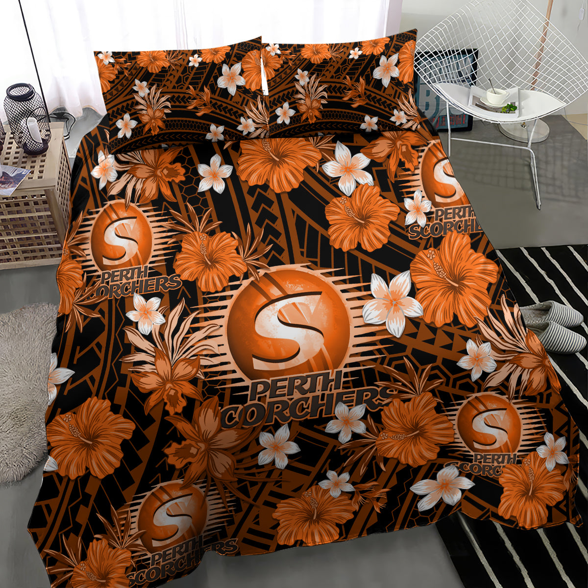Australian Scorchers Cricket Bedding Set Baeuty Pacific Hibiscus and Polynesian Pattern - Vibe Hoodie Shop