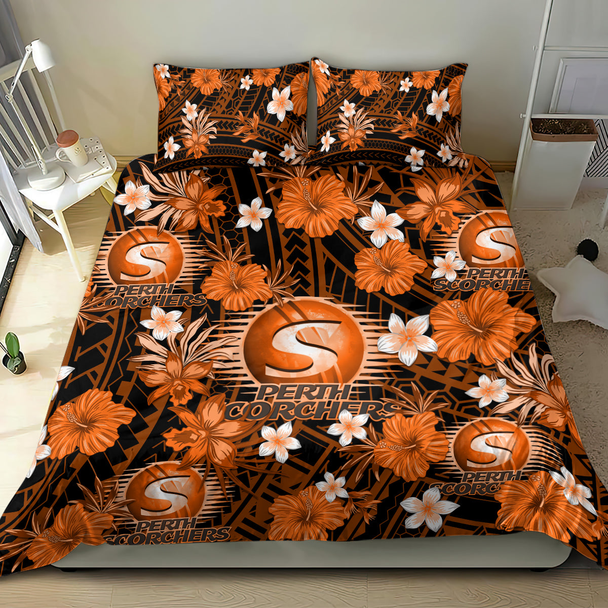 Australian Scorchers Cricket Bedding Set Baeuty Pacific Hibiscus and Polynesian Pattern - Vibe Hoodie Shop
