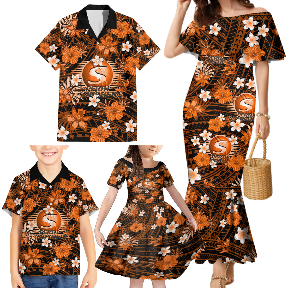 australian-scorchers-cricket-family-matching-mermaid-dress-and-hawaiian-shirt-baeuty-pacific-hibiscus-and-polynesian-pattern