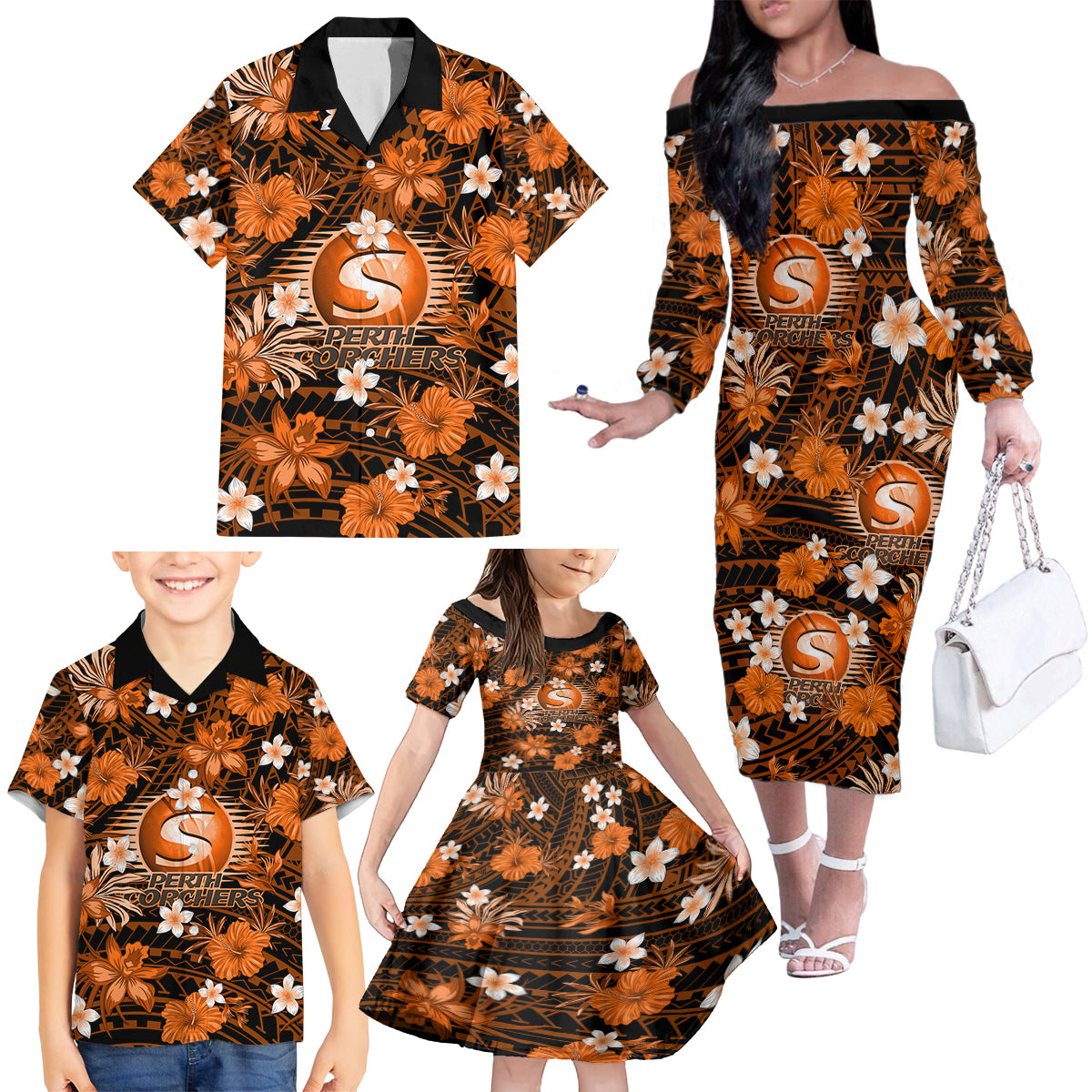 australian-scorchers-cricket-family-matching-off-shoulder-long-sleeve-dress-and-hawaiian-shirt-baeuty-pacific-hibiscus-and-polynesian-pattern