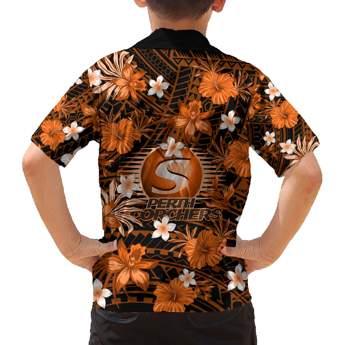 australian-scorchers-cricket-family-matching-off-shoulder-long-sleeve-dress-and-hawaiian-shirt-baeuty-pacific-hibiscus-and-polynesian-pattern