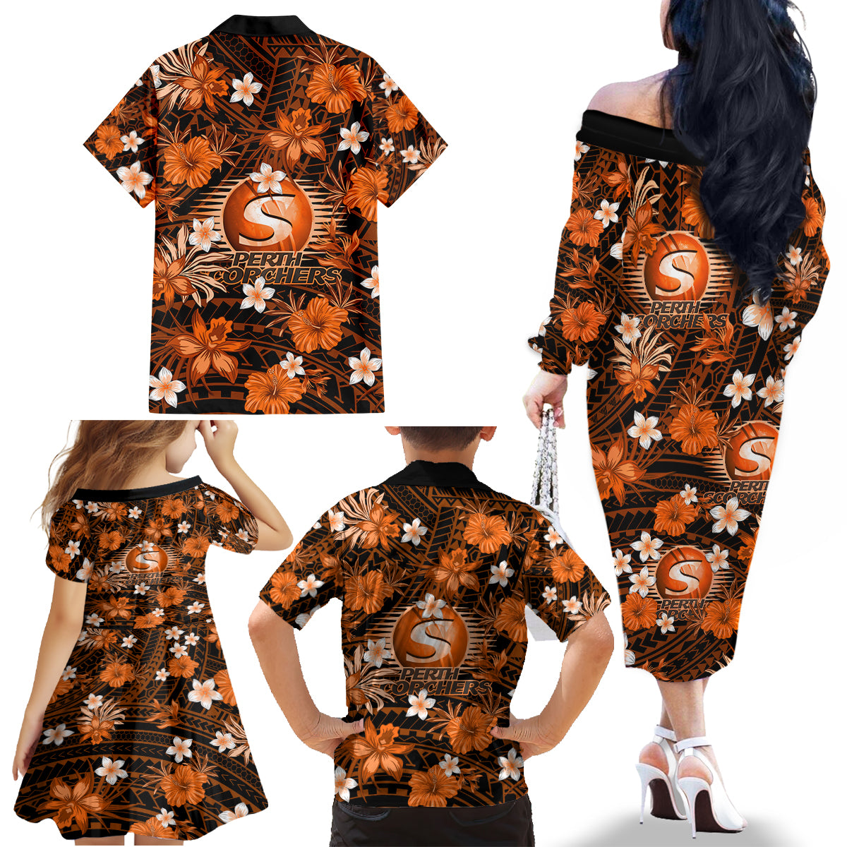 australian-scorchers-cricket-family-matching-off-shoulder-long-sleeve-dress-and-hawaiian-shirt-baeuty-pacific-hibiscus-and-polynesian-pattern