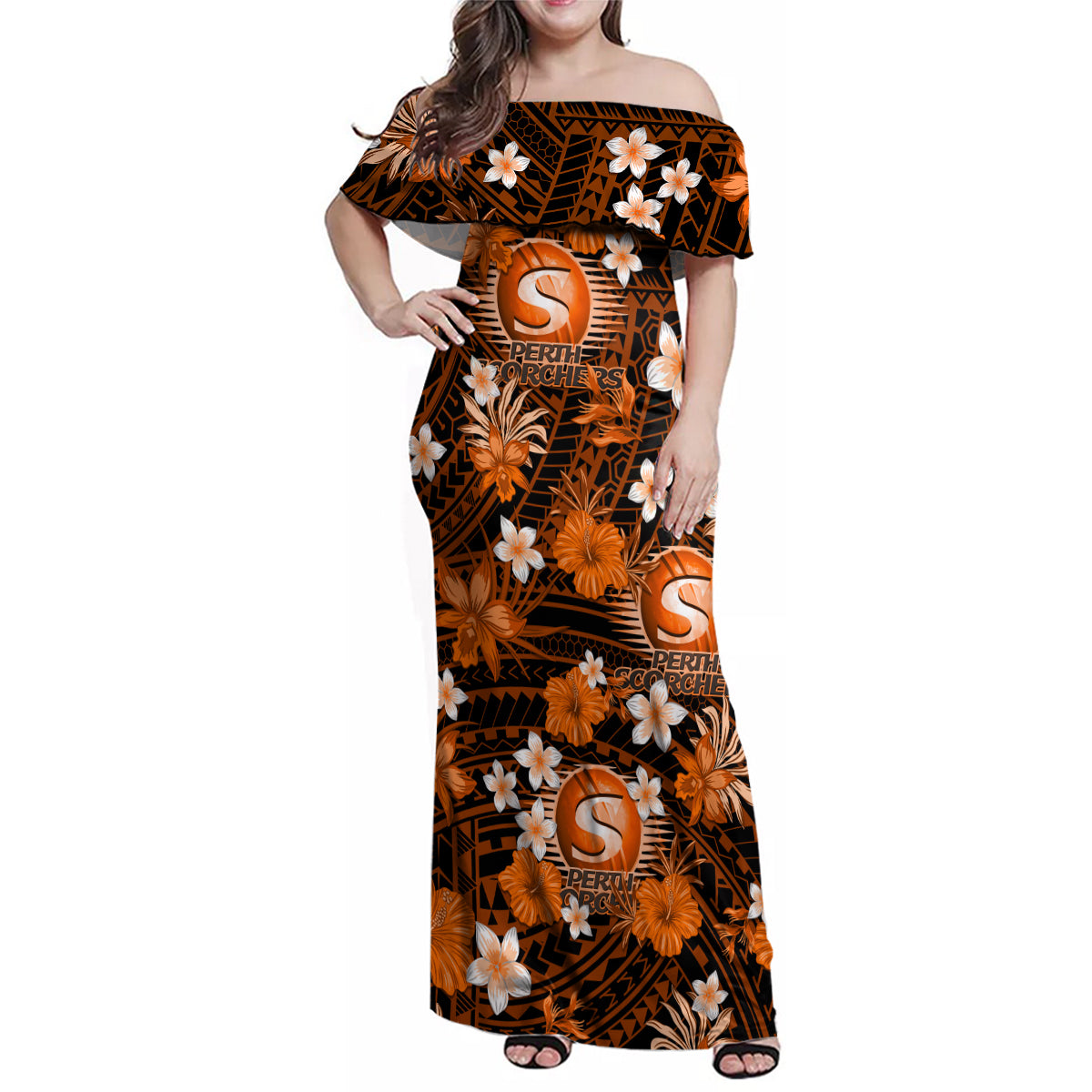 australian-scorchers-cricket-family-matching-off-shoulder-maxi-dress-and-hawaiian-shirt-baeuty-pacific-hibiscus-and-polynesian-pattern