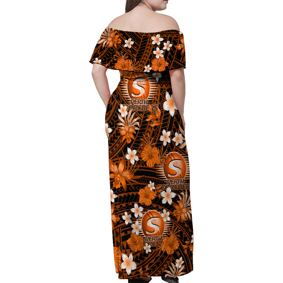 australian-scorchers-cricket-family-matching-off-shoulder-maxi-dress-and-hawaiian-shirt-baeuty-pacific-hibiscus-and-polynesian-pattern