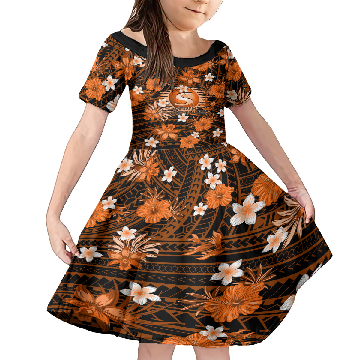 australian-scorchers-cricket-family-matching-off-shoulder-short-dress-and-hawaiian-shirt-baeuty-pacific-hibiscus-and-polynesian-pattern