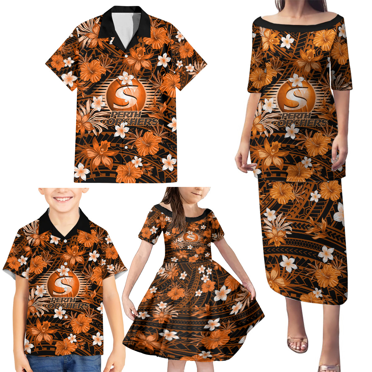 australian-scorchers-cricket-family-matching-puletasi-dress-and-hawaiian-shirt-baeuty-pacific-hibiscus-and-polynesian-pattern