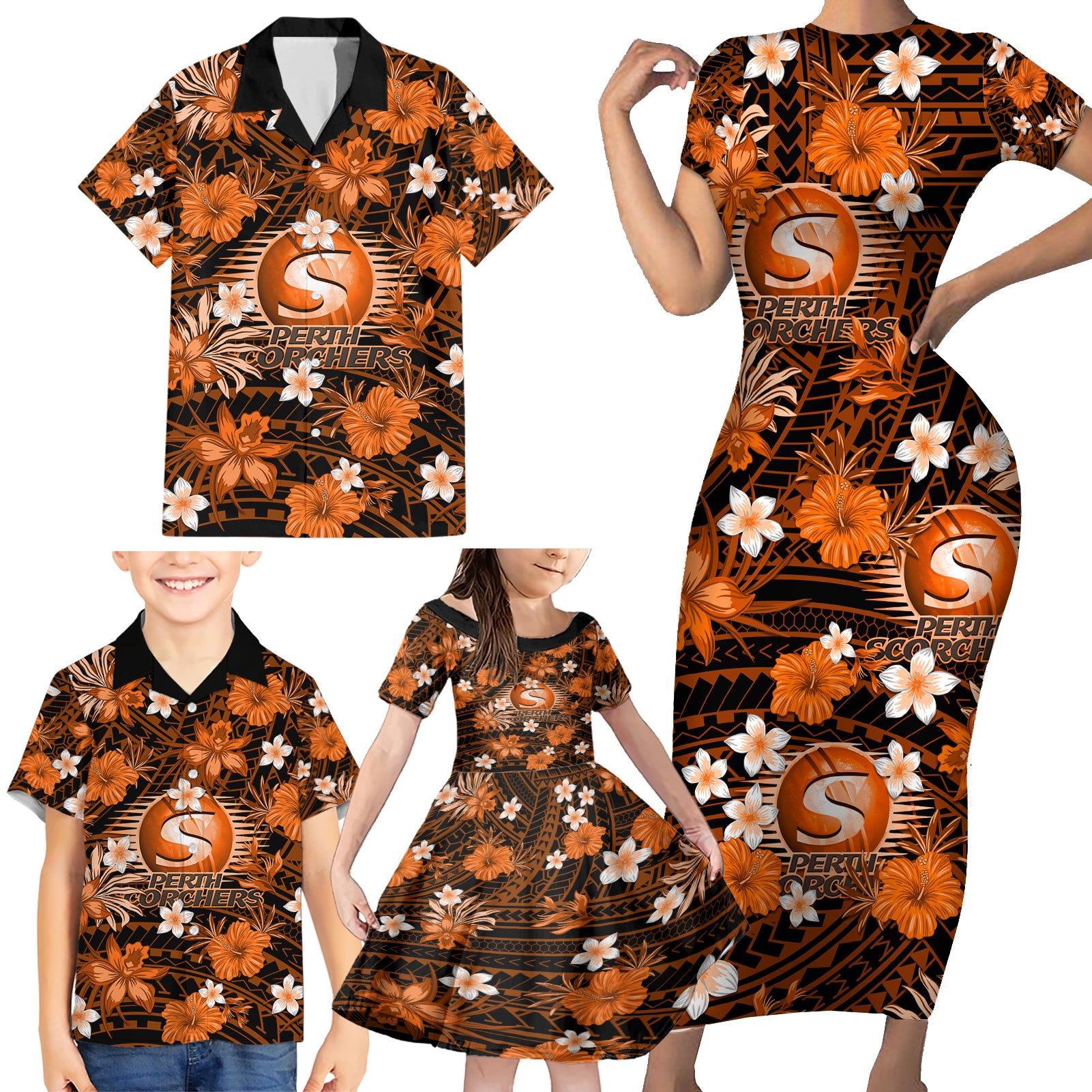 australian-scorchers-cricket-family-matching-short-sleeve-bodycon-dress-and-hawaiian-shirt-baeuty-pacific-hibiscus-and-polynesian-pattern