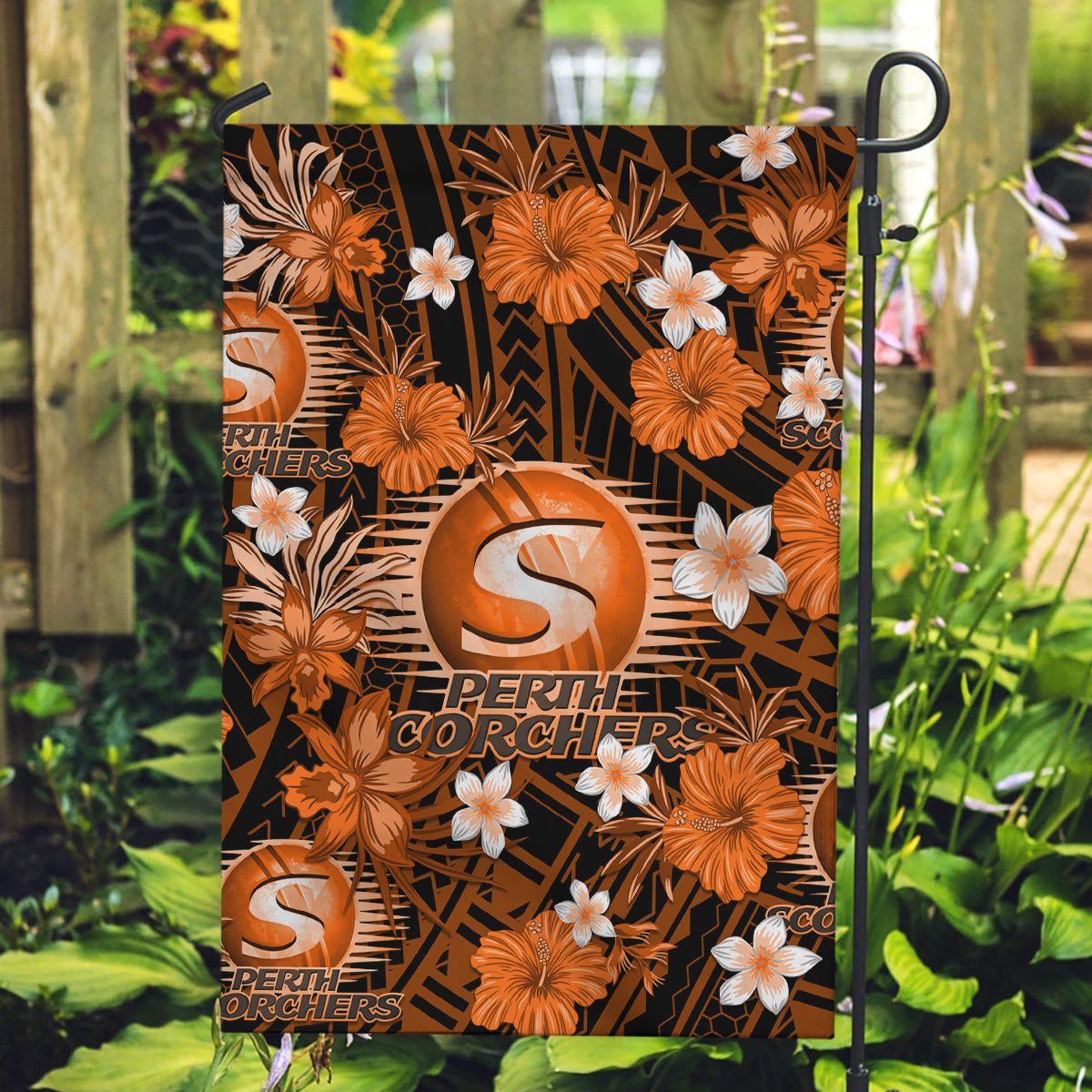 Australian Scorchers Cricket Garden Flag Baeuty Pacific Hibiscus and Polynesian Pattern - Vibe Hoodie Shop