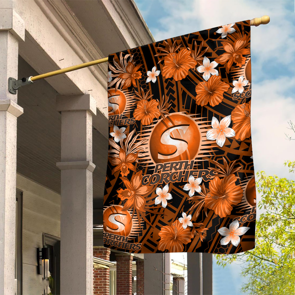 Australian Scorchers Cricket Garden Flag Baeuty Pacific Hibiscus and Polynesian Pattern - Vibe Hoodie Shop