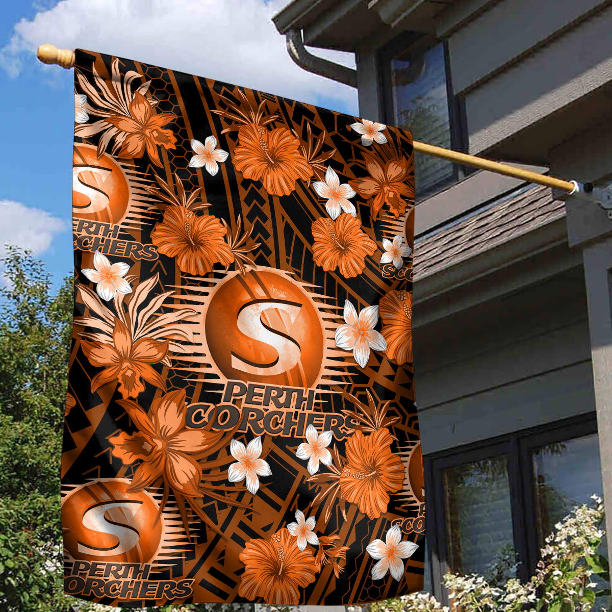 Australian Scorchers Cricket Garden Flag Baeuty Pacific Hibiscus and Polynesian Pattern - Vibe Hoodie Shop