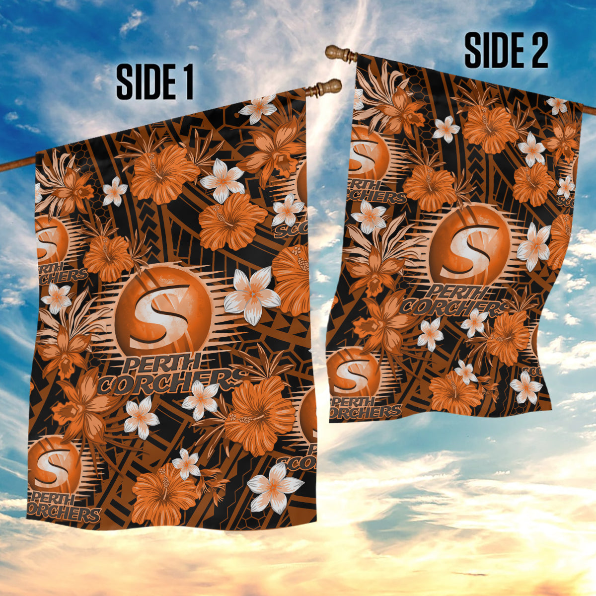 Australian Scorchers Cricket Garden Flag Baeuty Pacific Hibiscus and Polynesian Pattern - Vibe Hoodie Shop