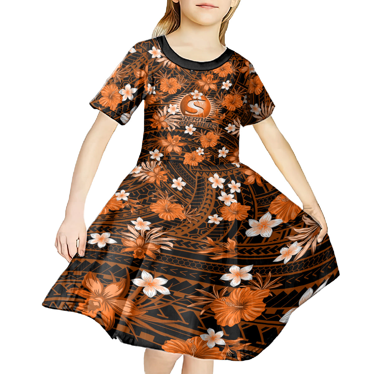 Australian Scorchers Cricket Kid Short Sleeve Dress Baeuty Pacific Hibiscus and Polynesian Pattern - Vibe Hoodie Shop