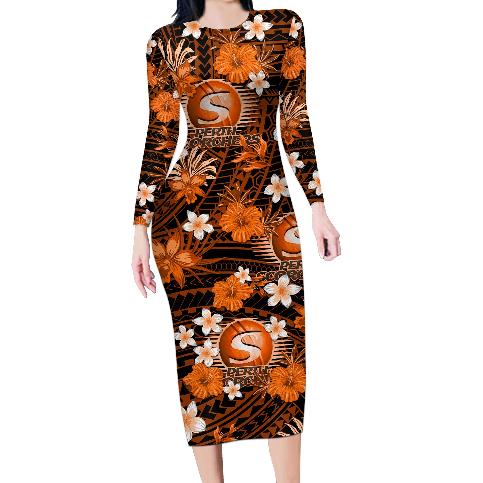 australian-scorchers-cricket-long-sleeve-bodycon-dress-baeuty-pacific-hibiscus-and-polynesian-pattern