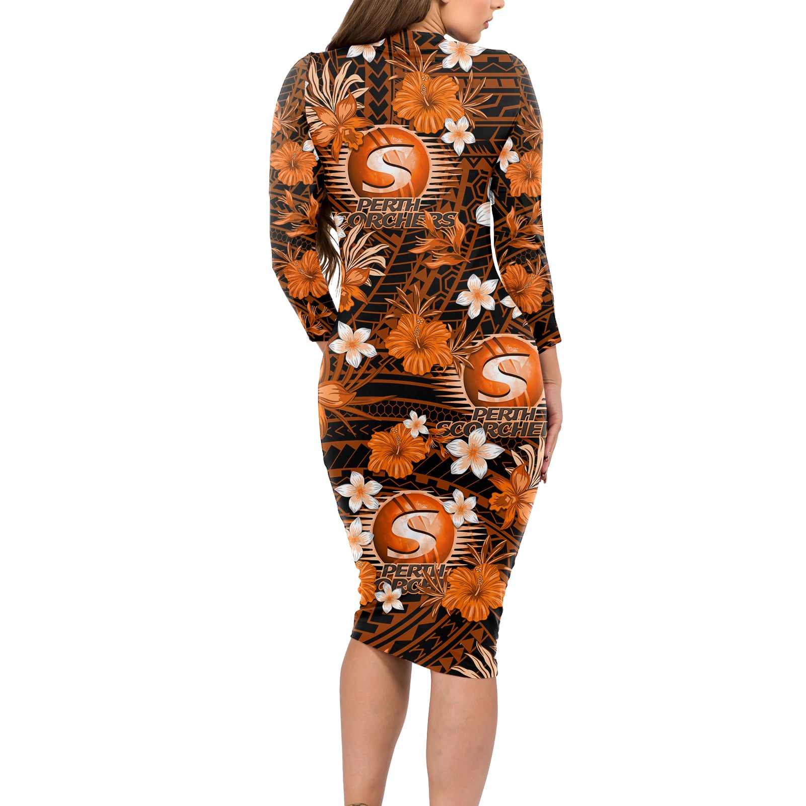 australian-scorchers-cricket-long-sleeve-bodycon-dress-baeuty-pacific-hibiscus-and-polynesian-pattern