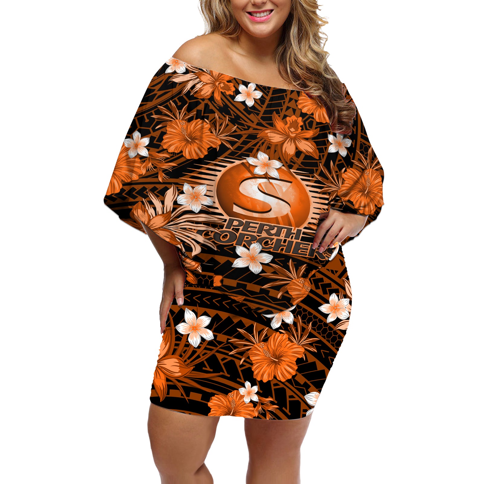 australian-scorchers-cricket-off-shoulder-short-dress-baeuty-pacific-hibiscus-and-polynesian-pattern