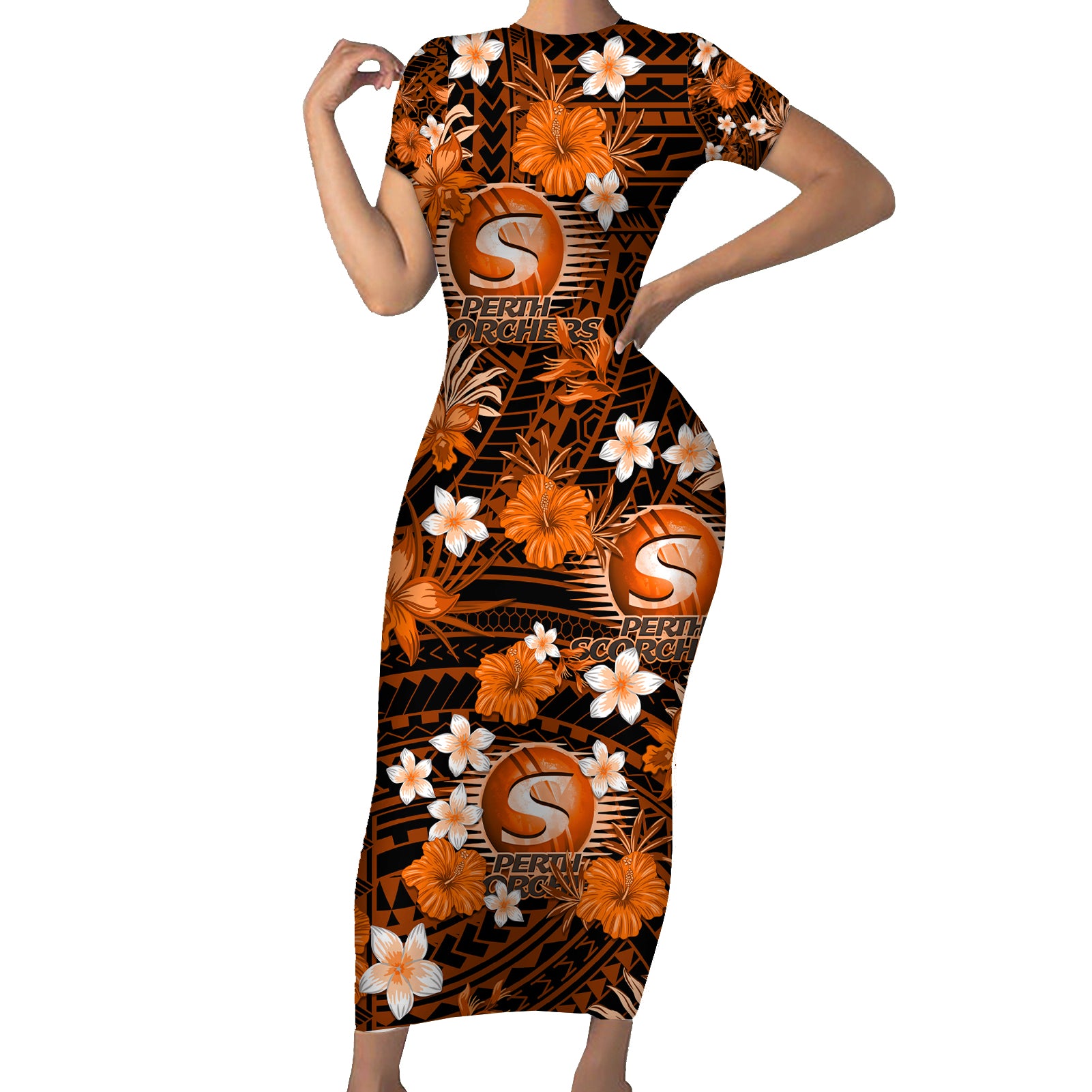 australian-scorchers-cricket-short-sleeve-bodycon-dress-baeuty-pacific-hibiscus-and-polynesian-pattern