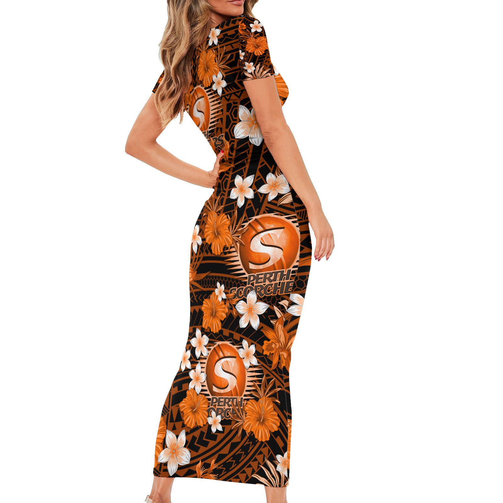 australian-scorchers-cricket-short-sleeve-bodycon-dress-baeuty-pacific-hibiscus-and-polynesian-pattern