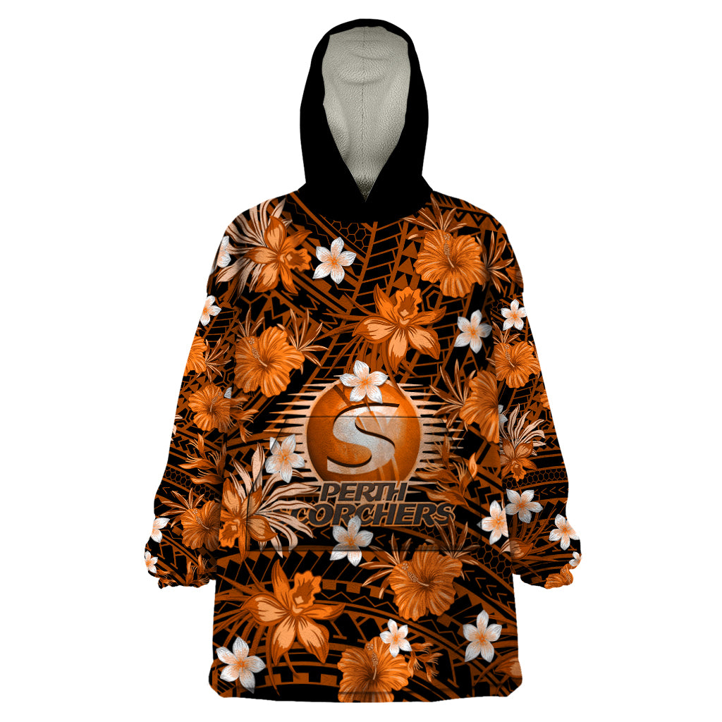 Australian Scorchers Cricket Wearable Blanket Hoodie Baeuty Pacific Hibiscus and Polynesian Pattern - Vibe Hoodie Shop