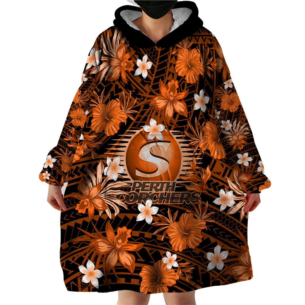 Australian Scorchers Cricket Wearable Blanket Hoodie Baeuty Pacific Hibiscus and Polynesian Pattern - Vibe Hoodie Shop