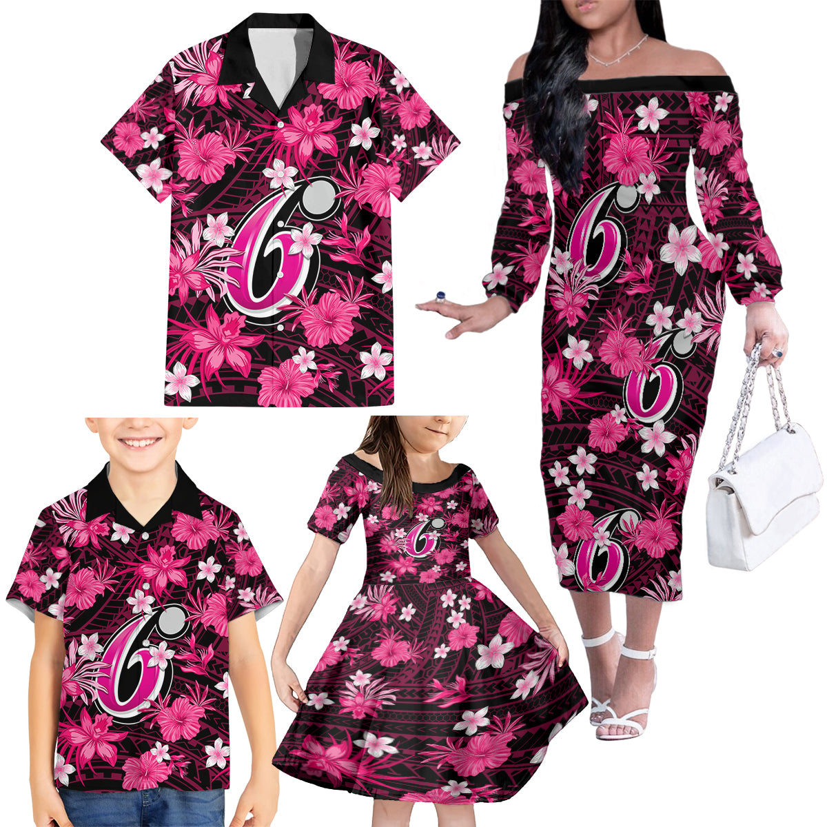 australian-sixers-cricket-family-matching-off-shoulder-long-sleeve-dress-and-hawaiian-shirt-baeuty-pacific-hibiscus-and-polynesian-pattern