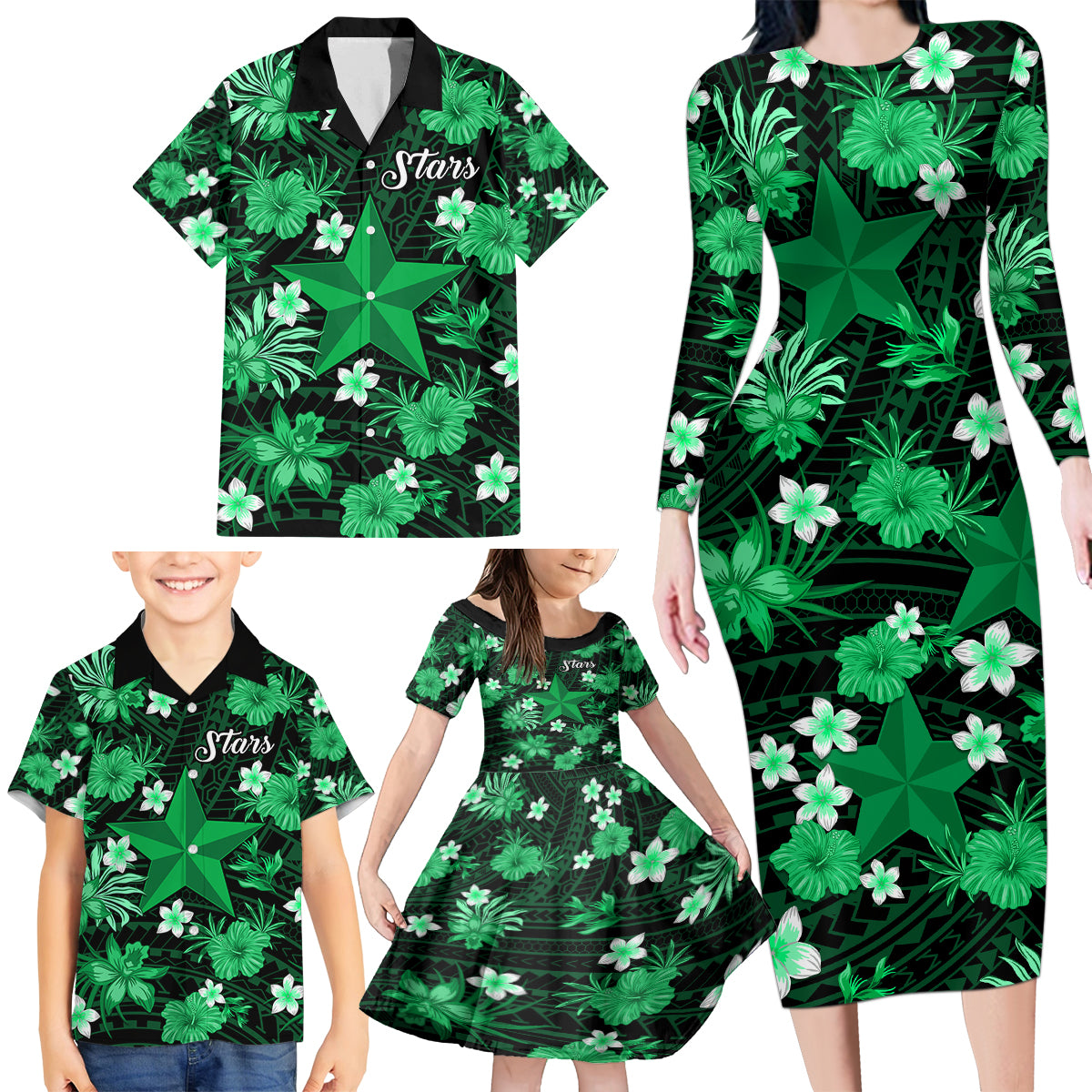 australian-stars-cricket-family-matching-long-sleeve-bodycon-dress-and-hawaiian-shirt-baeuty-pacific-hibiscus-and-polynesian-pattern