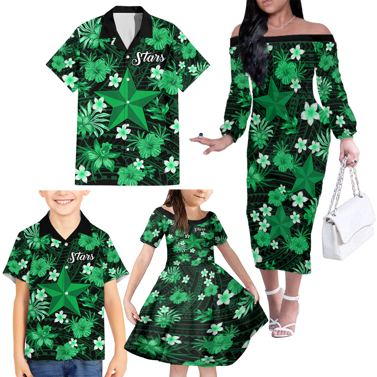 australian-stars-cricket-family-matching-off-shoulder-long-sleeve-dress-and-hawaiian-shirt-baeuty-pacific-hibiscus-and-polynesian-pattern