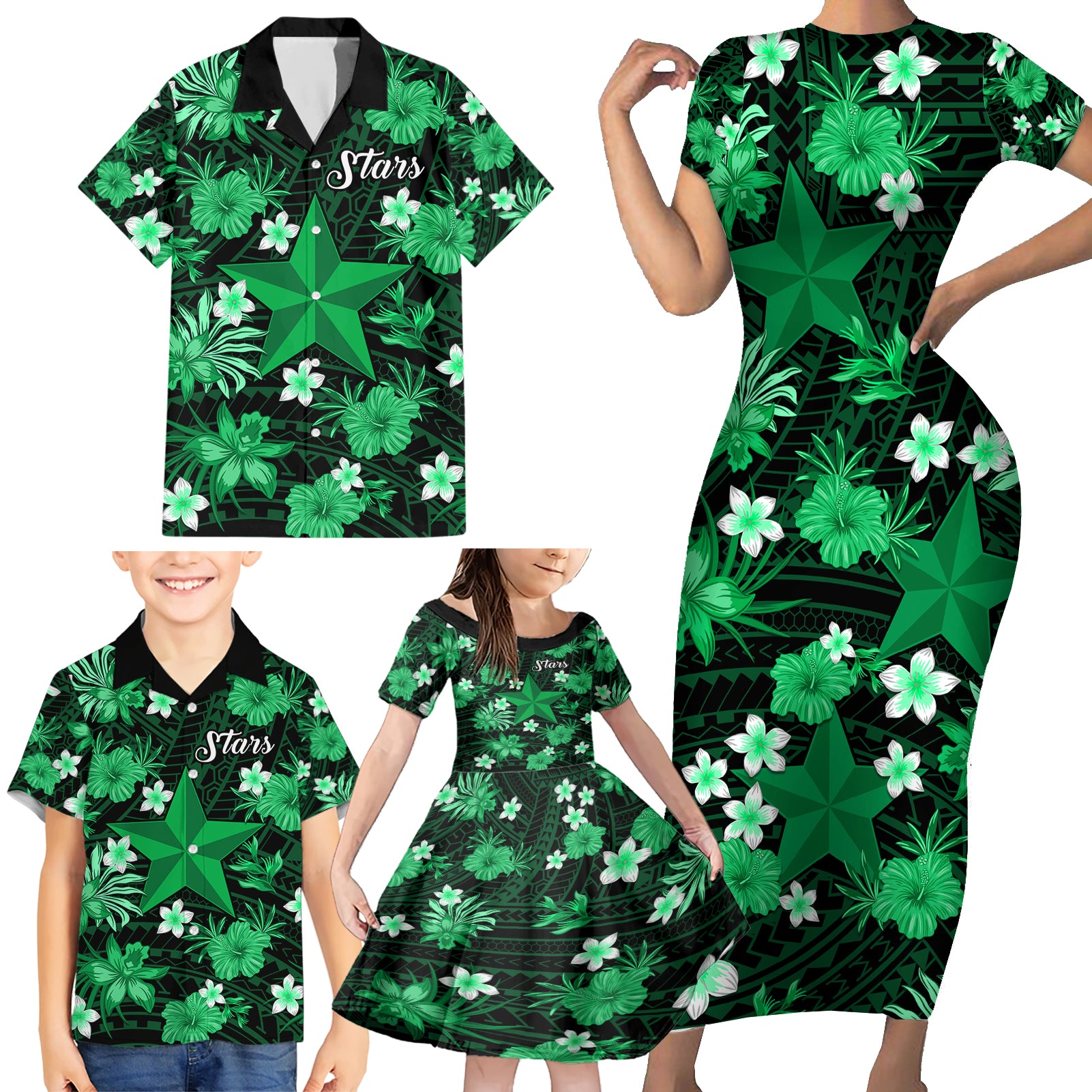 australian-stars-cricket-family-matching-short-sleeve-bodycon-dress-and-hawaiian-shirt-baeuty-pacific-hibiscus-and-polynesian-pattern