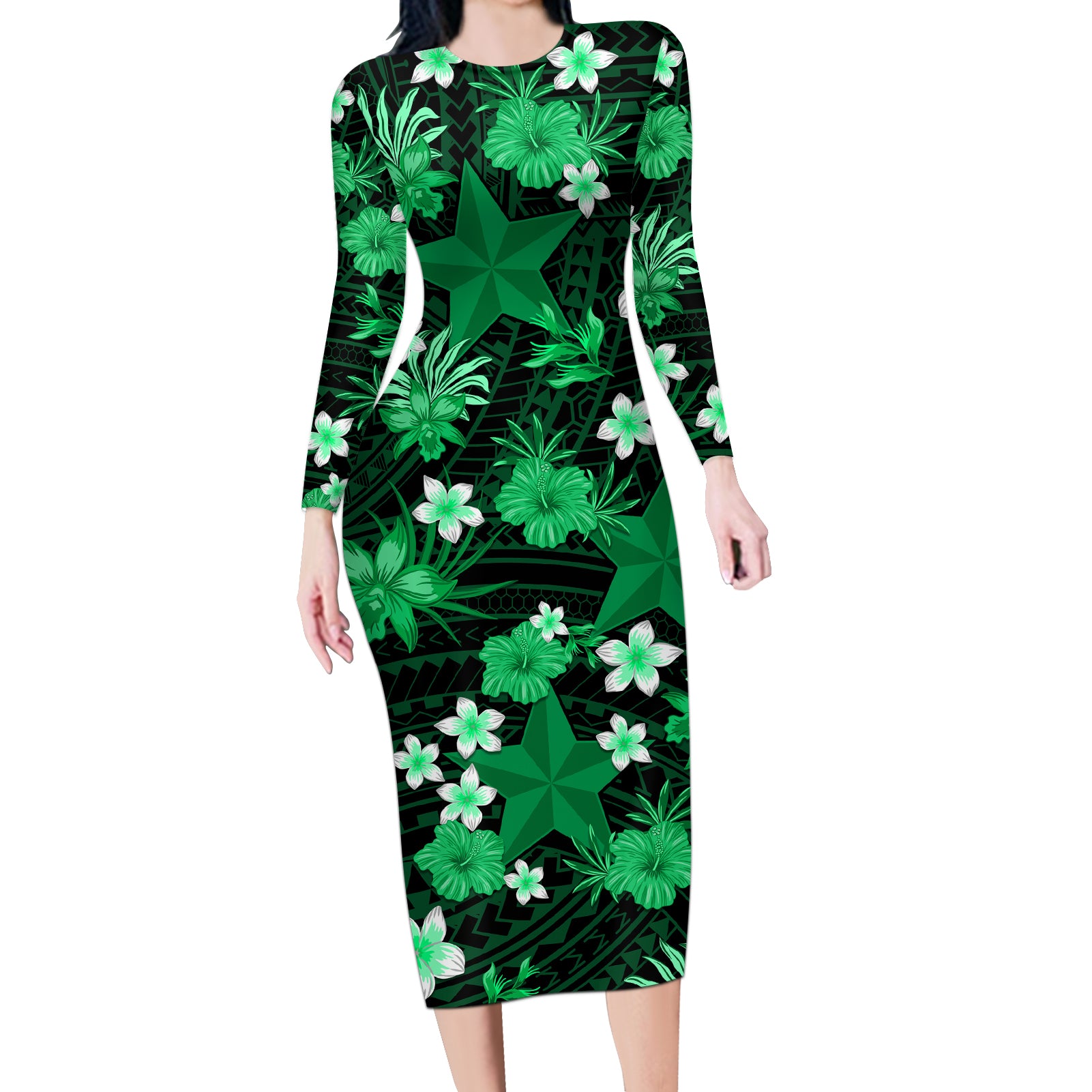 australian-stars-cricket-long-sleeve-bodycon-dress-baeuty-pacific-hibiscus-and-polynesian-pattern