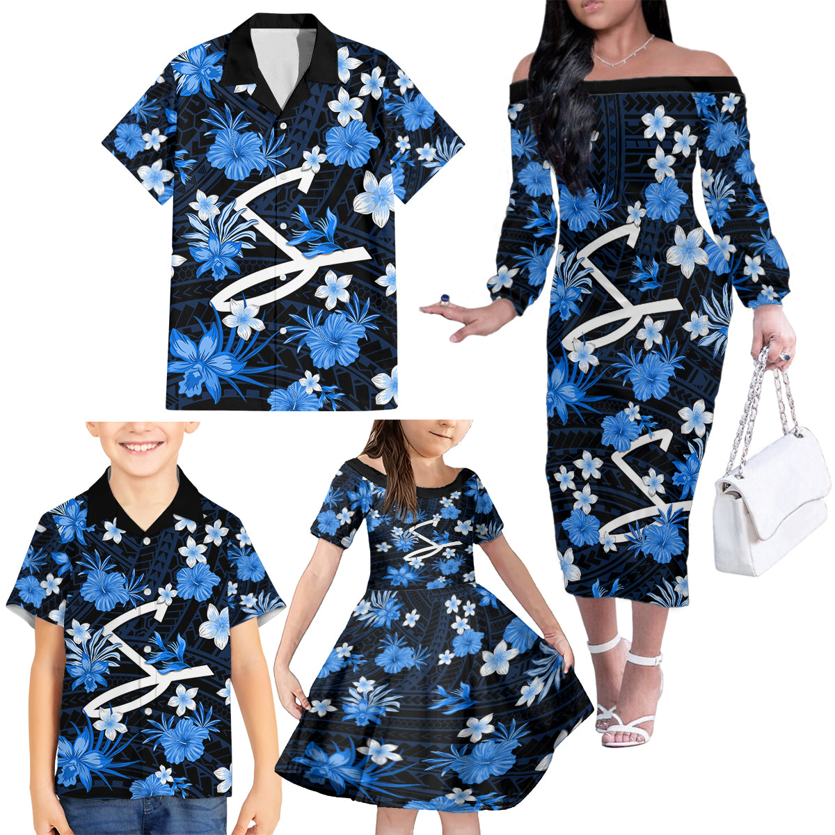 australian-strikers-cricket-family-matching-off-shoulder-long-sleeve-dress-and-hawaiian-shirt-baeuty-pacific-hibiscus-and-polynesian-pattern