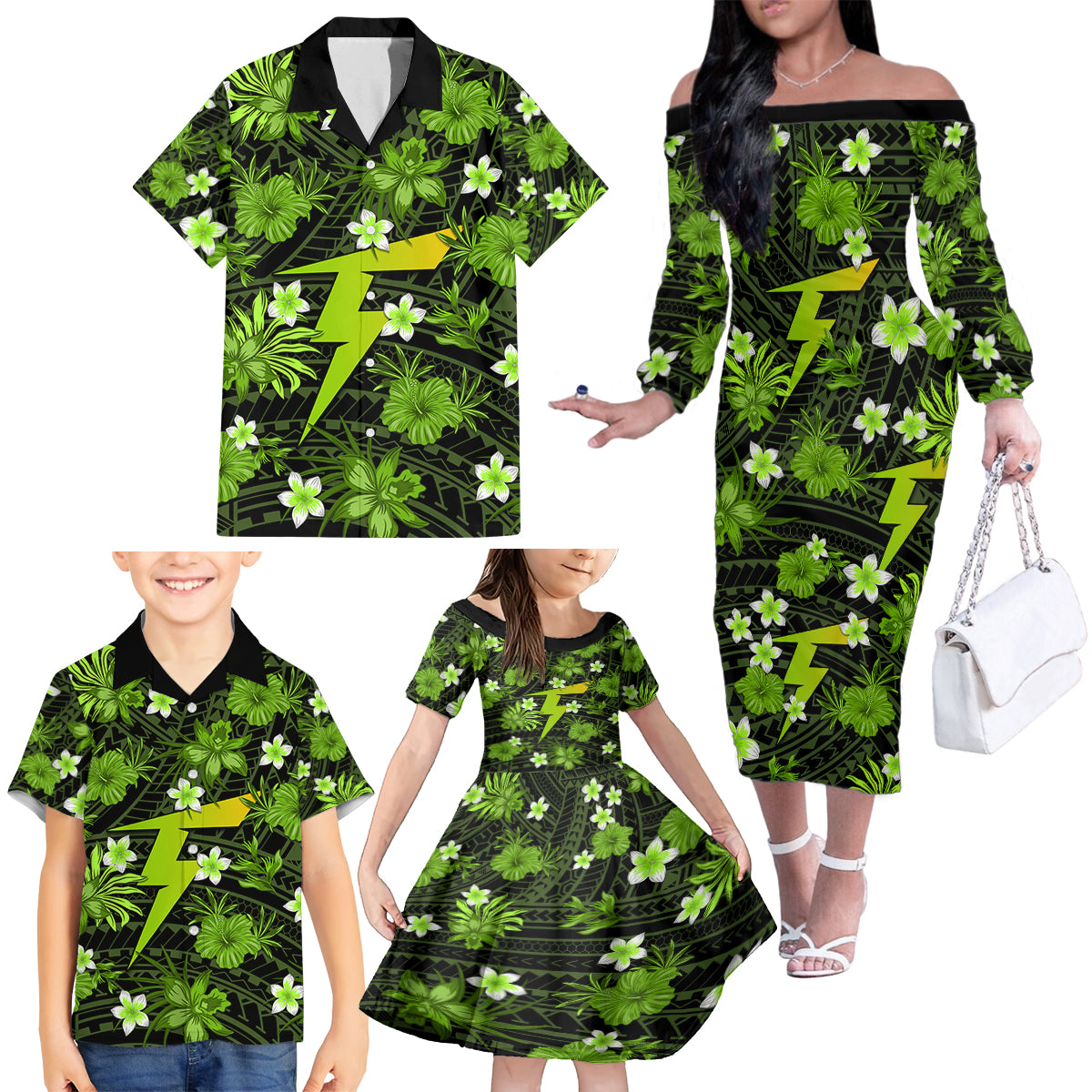 australian-thunder-cricket-family-matching-off-shoulder-long-sleeve-dress-and-hawaiian-shirt-baeuty-pacific-hibiscus-and-polynesian-pattern