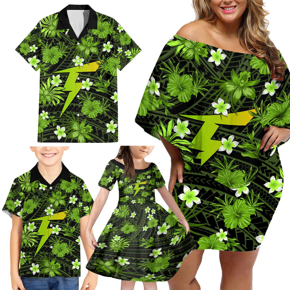 australian-thunder-cricket-family-matching-off-shoulder-short-dress-and-hawaiian-shirt-baeuty-pacific-hibiscus-and-polynesian-pattern