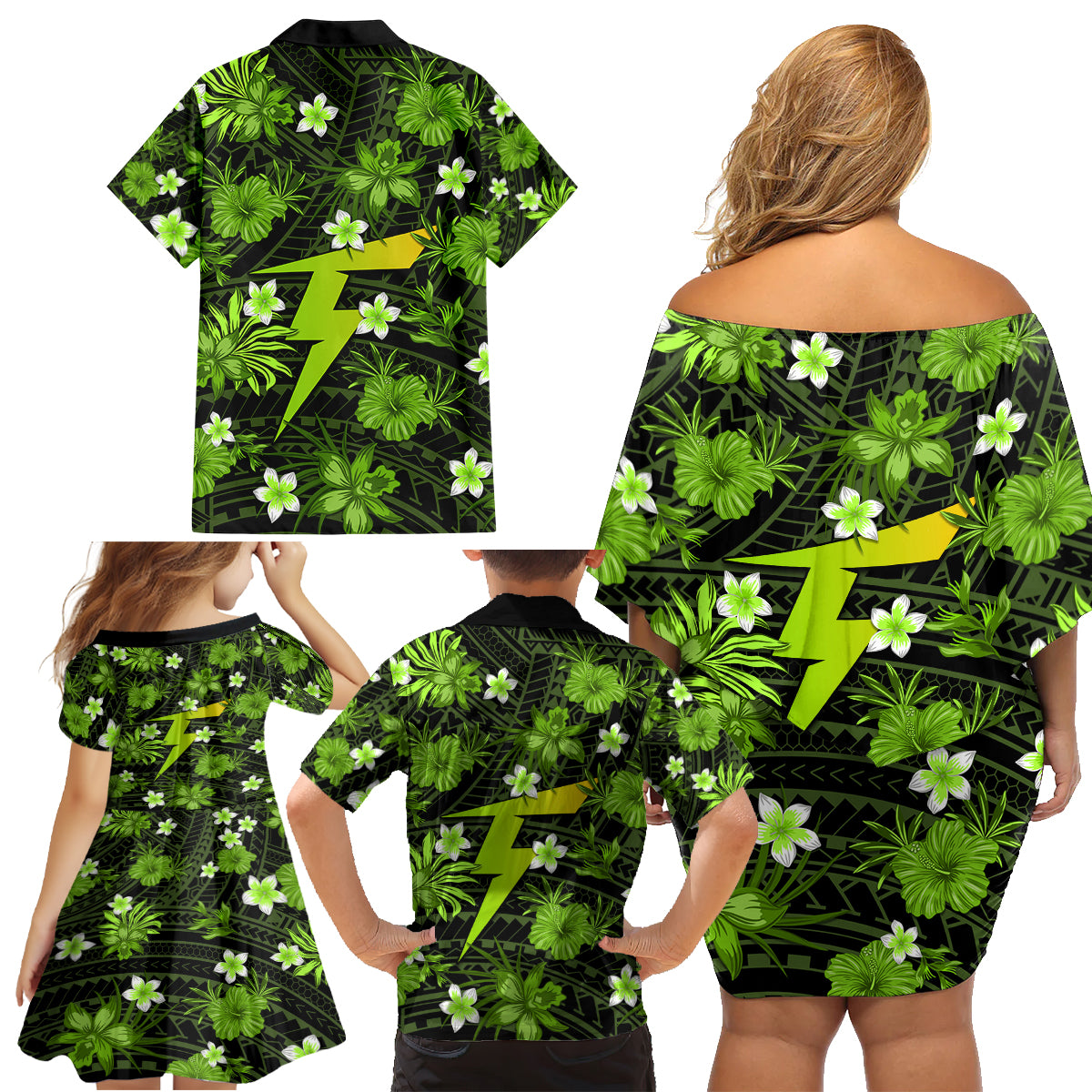 australian-thunder-cricket-family-matching-off-shoulder-short-dress-and-hawaiian-shirt-baeuty-pacific-hibiscus-and-polynesian-pattern