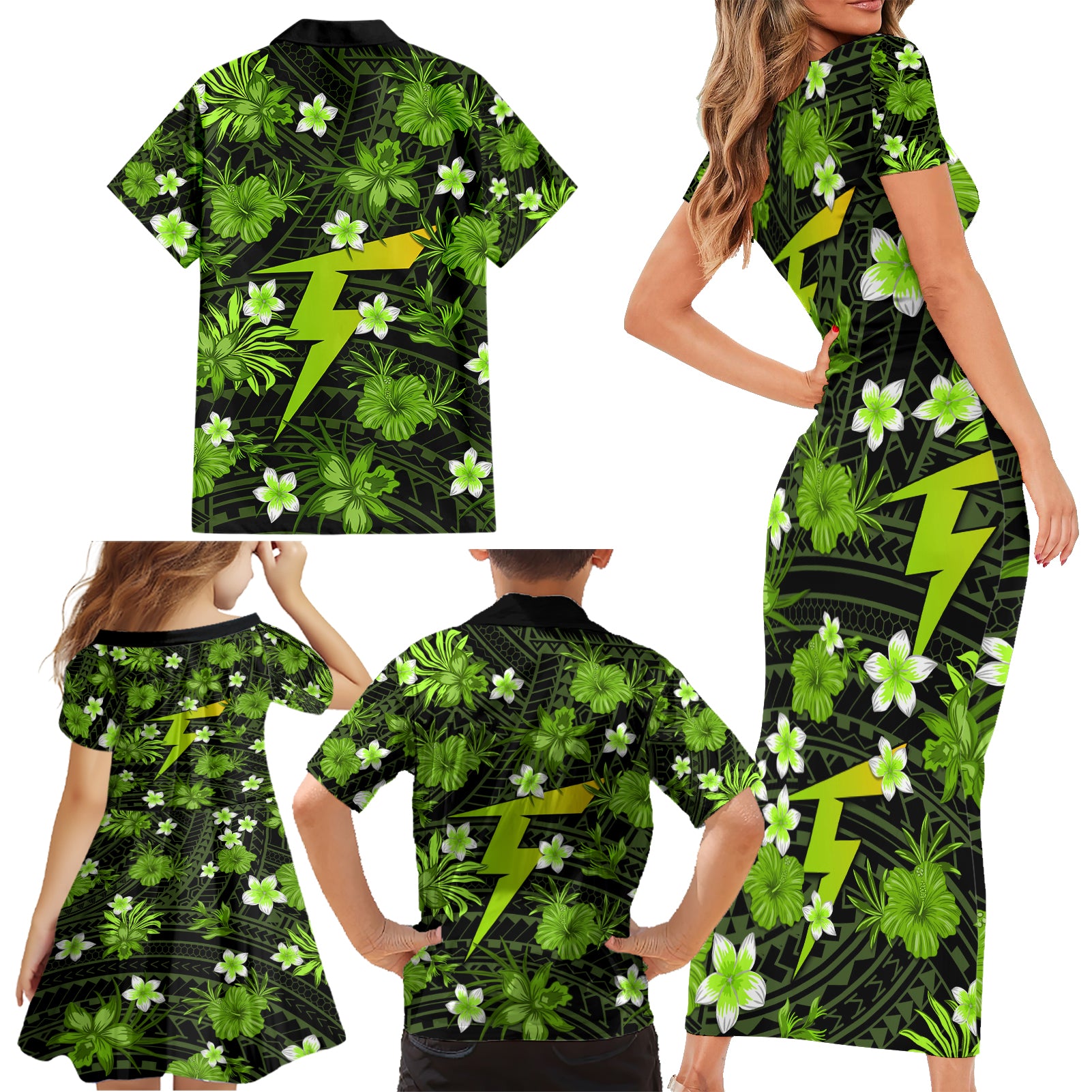 australian-thunder-cricket-family-matching-short-sleeve-bodycon-dress-and-hawaiian-shirt-baeuty-pacific-hibiscus-and-polynesian-pattern