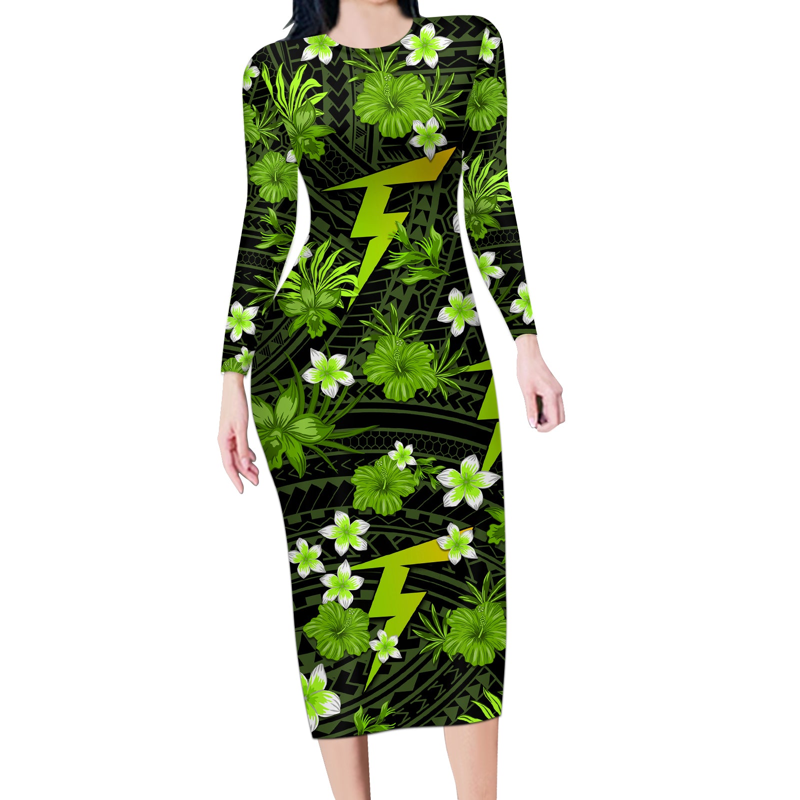 australian-thunder-cricket-long-sleeve-bodycon-dress-baeuty-pacific-hibiscus-and-polynesian-pattern