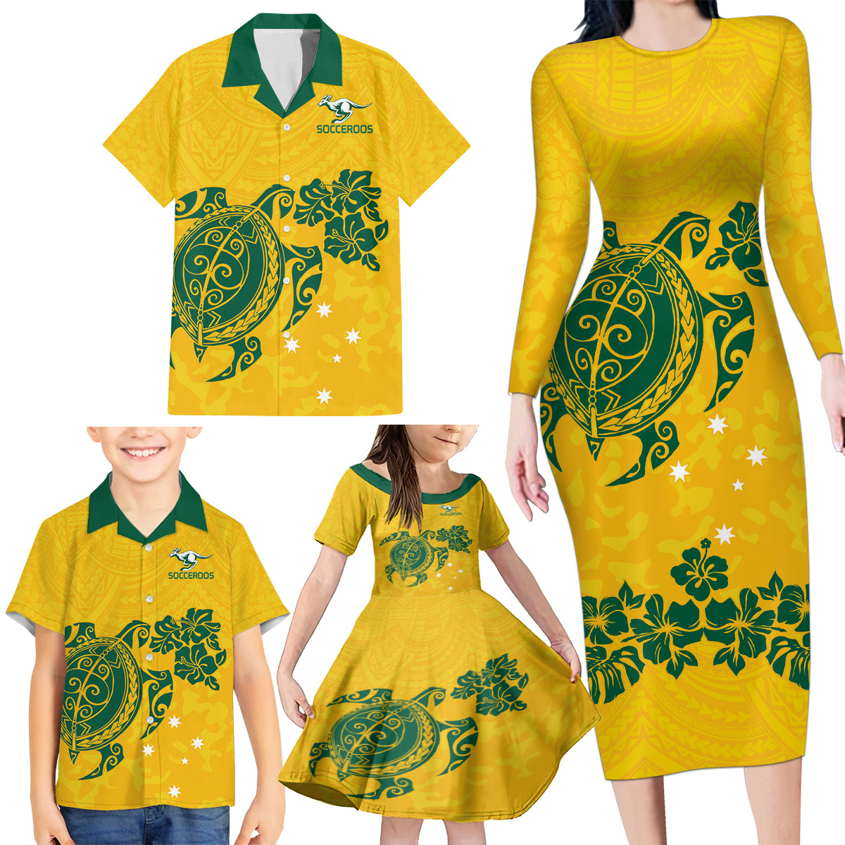 custom-australia-soccer-family-matching-long-sleeve-bodycon-dress-and-hawaiian-shirt-socceroos-hibiscus-and-turtle-with-polynesian-pattern