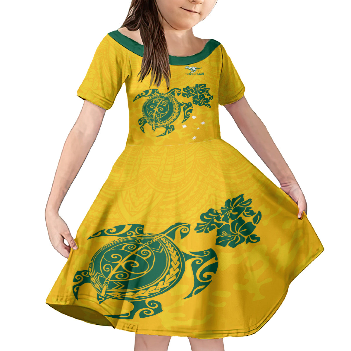 custom-australia-soccer-family-matching-long-sleeve-bodycon-dress-and-hawaiian-shirt-socceroos-hibiscus-and-turtle-with-polynesian-pattern