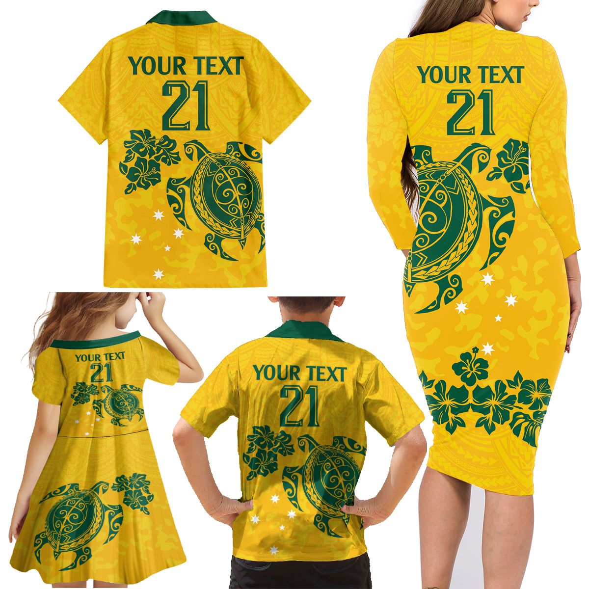 custom-australia-soccer-family-matching-long-sleeve-bodycon-dress-and-hawaiian-shirt-socceroos-hibiscus-and-turtle-with-polynesian-pattern