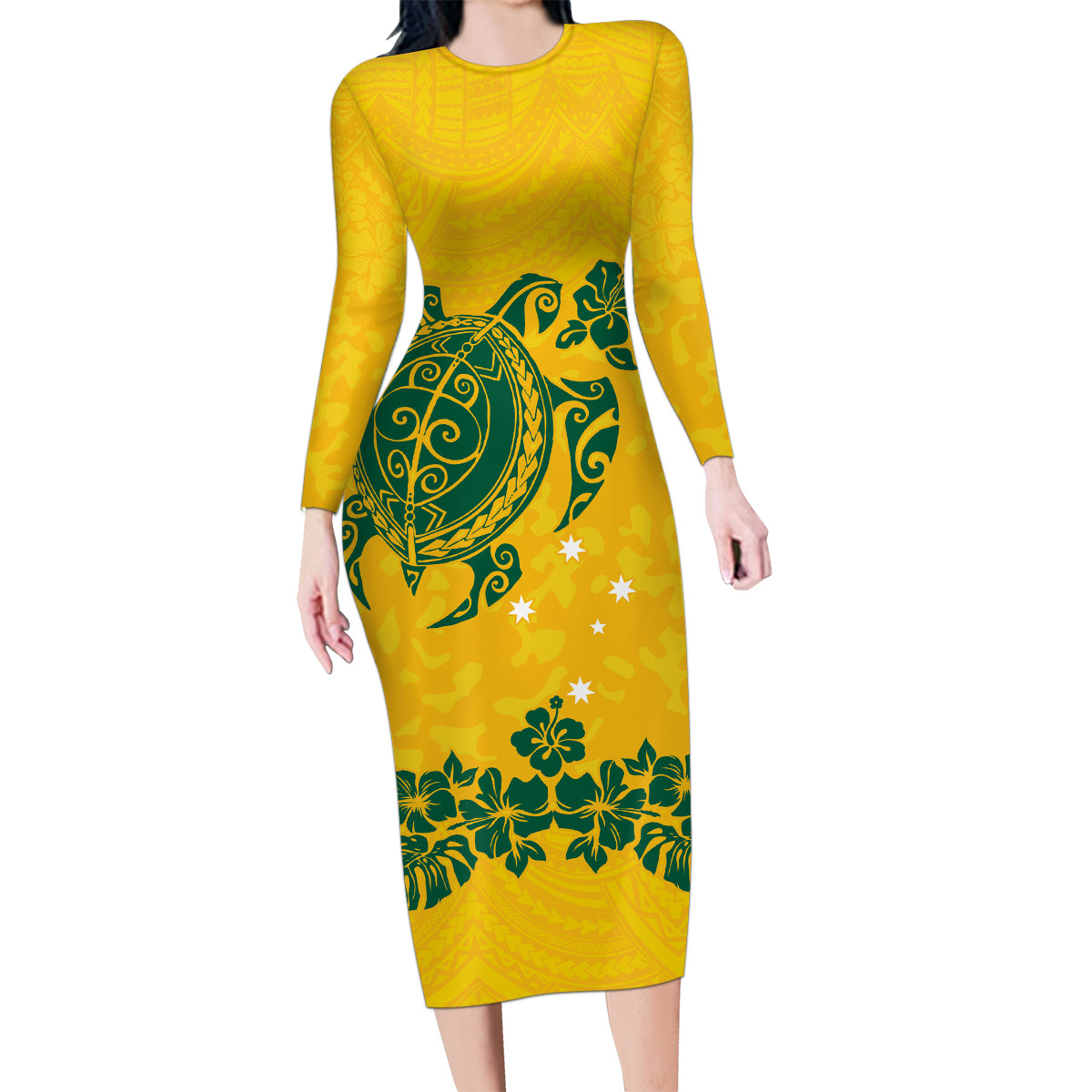 custom-australia-soccer-family-matching-long-sleeve-bodycon-dress-and-hawaiian-shirt-socceroos-hibiscus-and-turtle-with-polynesian-pattern