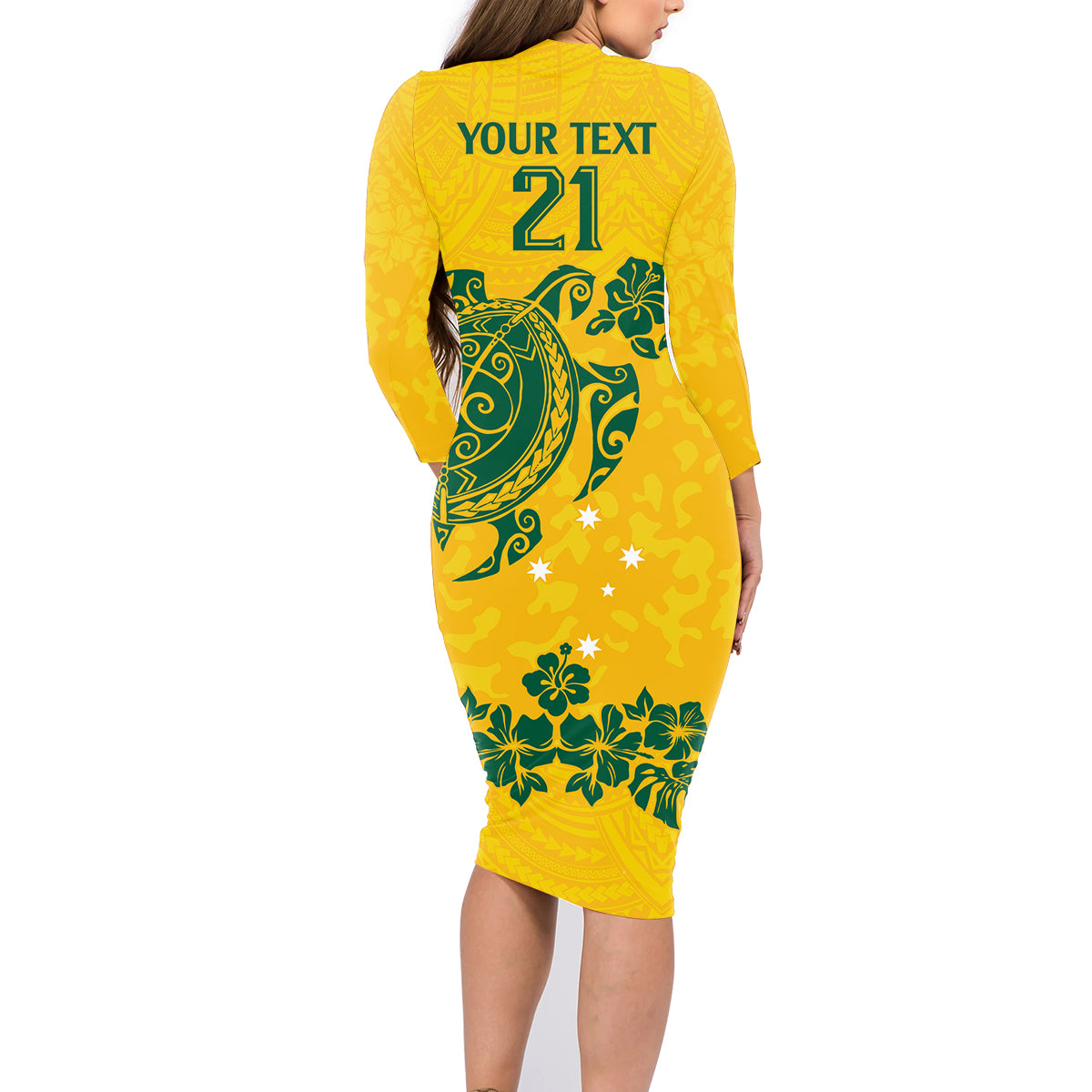 custom-australia-soccer-family-matching-long-sleeve-bodycon-dress-and-hawaiian-shirt-socceroos-hibiscus-and-turtle-with-polynesian-pattern