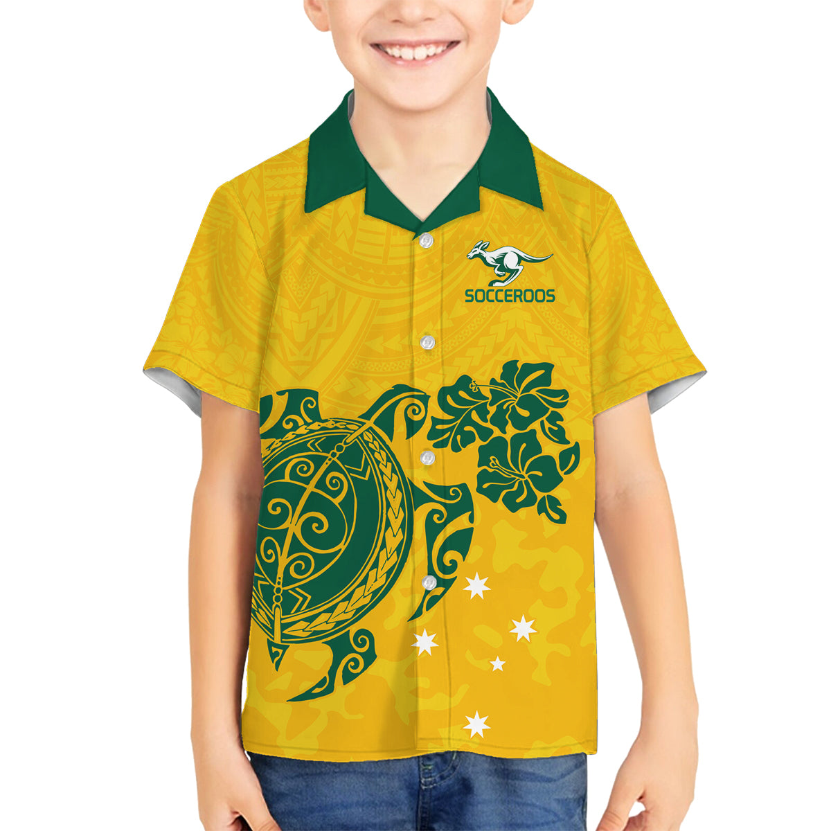 custom-australia-soccer-family-matching-long-sleeve-bodycon-dress-and-hawaiian-shirt-socceroos-hibiscus-and-turtle-with-polynesian-pattern