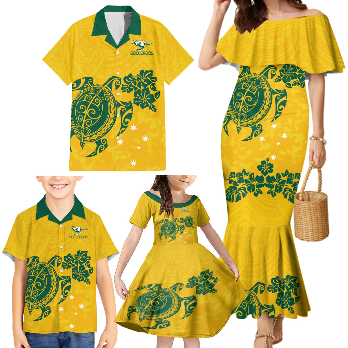 custom-australia-soccer-family-matching-mermaid-dress-and-hawaiian-shirt-socceroos-hibiscus-and-turtle-with-polynesian-pattern