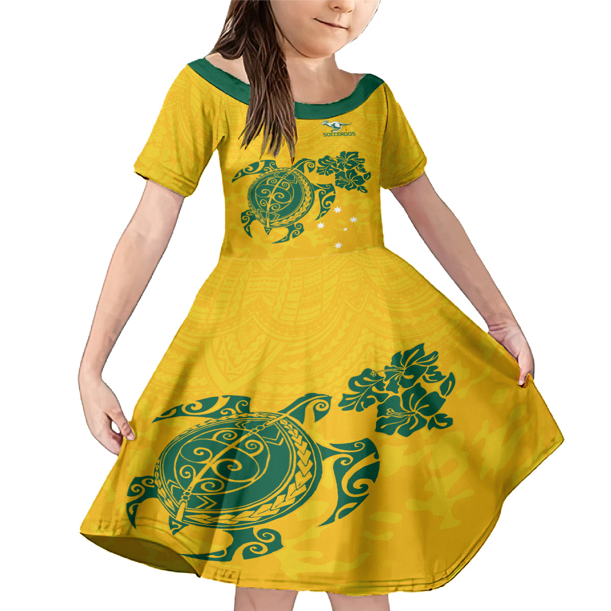 custom-australia-soccer-family-matching-mermaid-dress-and-hawaiian-shirt-socceroos-hibiscus-and-turtle-with-polynesian-pattern